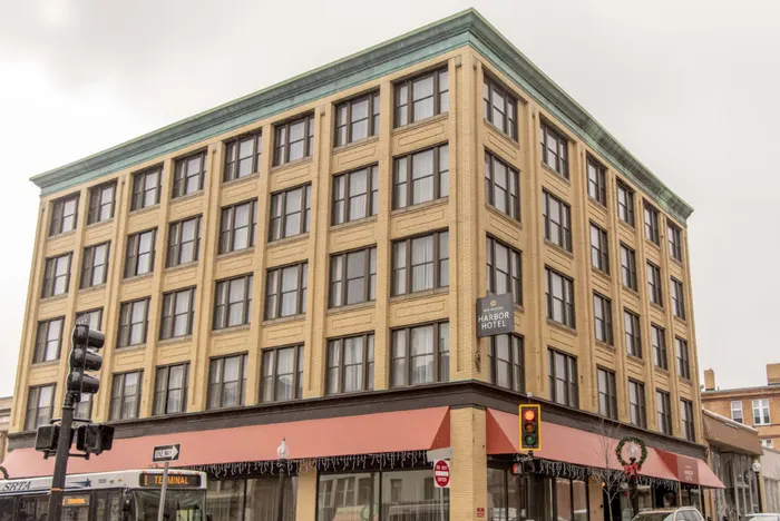 Mixed-use brick building with storefronts