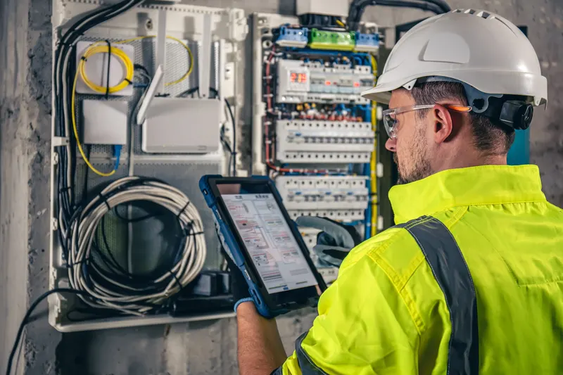 CES technician reviewing a panel with a tablet